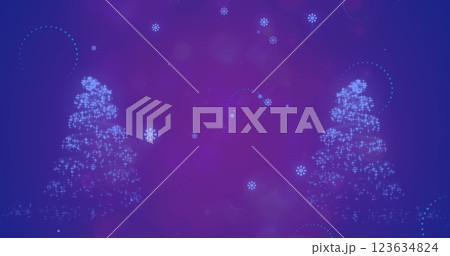 Image of christmas trees and snow falling on purple background 123634824