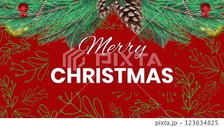 Image of merry christmas text over decorations on red background 123634825