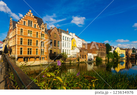 View of Graslei quay and Leie river in the historic city center in Ghent View of Graslei quay and Leie river in the historic city center in Ghent 123634976