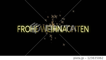 Image of frohe weihnachten text over snowflakes on black background at christmas 123635062