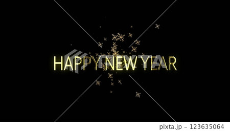 Image of happy new year text over snowflakes on black background 123635064