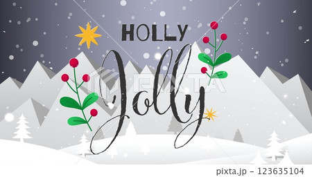 Image of snow falling and holly jolly text over winter landscape at christmas Image of snow falling and holly jolly text over winter landscape at christmas 123635104