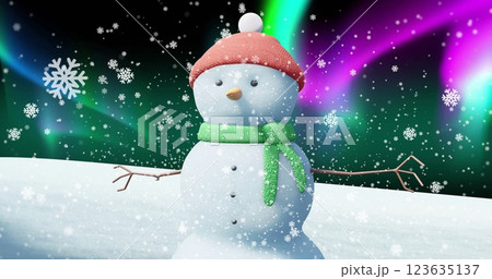 Image of snow falling over snowman and winter landscape at christmas Image of snow falling over snowman and winter landscape at christmas 123635137