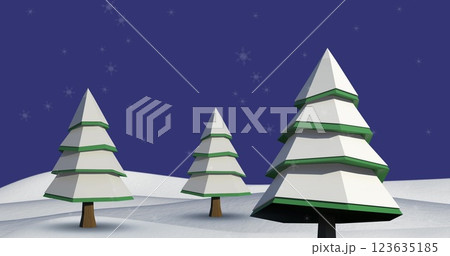 Multiple stars falling over trees on winter landscape against blue background Multiple stars falling over trees on winter landscape against blue background 123635185
