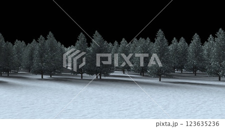 Purple light trail bursting over multiple trees on winter landscape against black background 123635236
