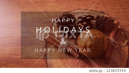Image of christmas greetings text over christmas decorations Image of christmas greetings text over christmas decorations 123635554
