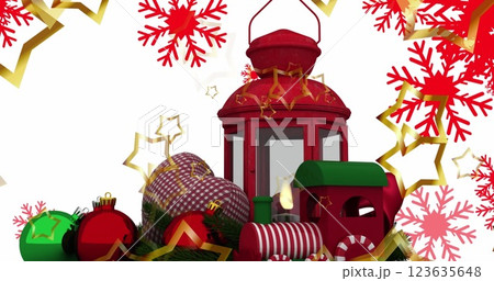 Image of falling red snowflakes and christmas lantern over white background Image of falling red snowflakes and christmas lantern over white background 123635648