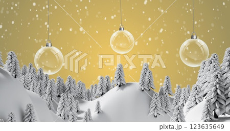 Image of snow falling over hanging bauble decorations against winter landscape 123635649