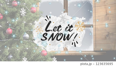 Snowflakes and Let it Snow! text overlaying frosted window Snowflakes and Let it Snow! text overlaying frosted window 123635695