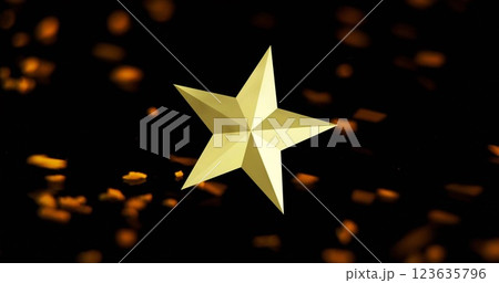 Image of white star over golden decorations moving on black background 123635796