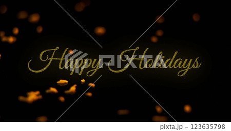 Image of happy holidays text with illuminating star shapes moving on black background 123635798