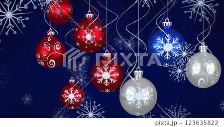 Image of christmas baubles decorations with snow falling Image of christmas baubles decorations with snow falling 123635822