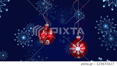 Image of fireworks and snow falling over christmas decorations Image of fireworks and snow falling over christmas decorations 123635827