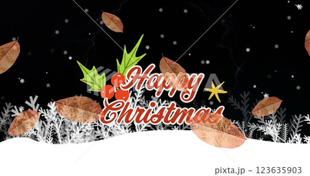 Image of leaves and merry christmas text over winter landscape 123635903