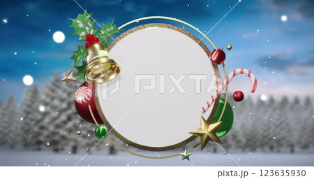 Image of snow and christmas decorations around blank white circular sign over winter landscape Image of snow and christmas decorations around blank white circular sign over winter landscape 123635930