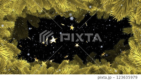 Image of falling gold stars and white snowflakes with black background and christmas tree border 123635979