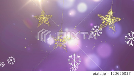 Image of falling white snowflakes and gold christmas stars swinging over defocussed lights Image of falling white snowflakes and gold christmas stars swinging over defocussed lights 123636037