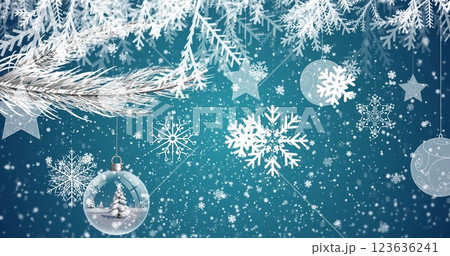 Image of snowflakes over fir tree and baubles on blue background 123636241