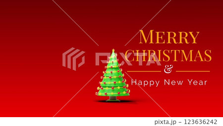 Image of christmas greetings text over christmas tree on red background 123636242