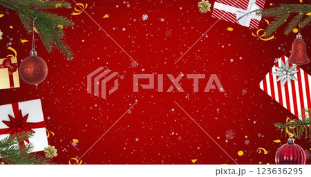 Image of snowflakes and frame with christmas presents over red background 123636295