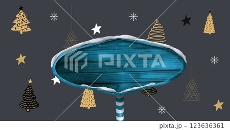 Blue wooden sign post against multiple christmas tree icons on grey background 123636361