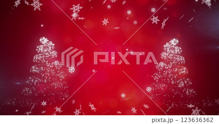 Snowflakes falling over shooting star forming two christmas trees on red background 123636362