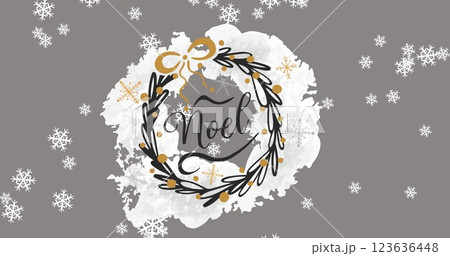Image of noel text over christmas decoration and snowflakes on grey background 123636448
