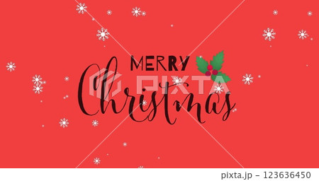 Image of snow falling and merry christmas text on red background 123636450