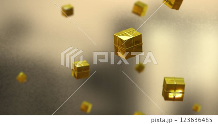 Image of christmas gold presents falling over yellow background 123636485
