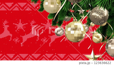 Festive Christmas decorations adorn a vibrant background Festive Christmas decorations adorn a vibrant background 123636622