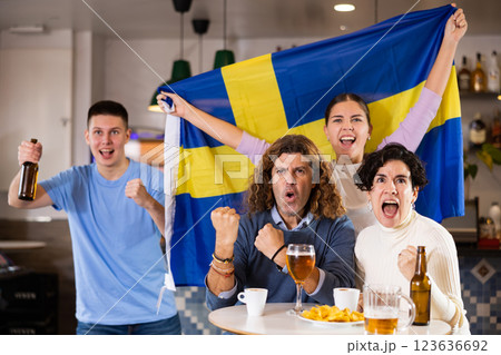 Company of excited young adult sports fans waving flag of Sweden and supporting national team with beer in bar Company of excited young adult sports fans waving flag of Sweden and supporting national team with beer in bar 123636692