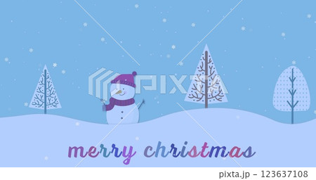 Image of snow falling over merry christmas text banner and snowman on winter landscape Image of snow falling over merry christmas text banner and snowman on winter landscape 123637108