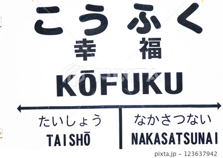 北海道帯広にある旧広尾線幸福駅においてある昔の駅看板のアップ 123637942