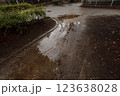 公園の出入り口にできた水たまりに雨が降り注ぐ 123638028