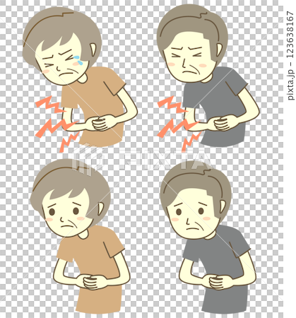 腹痛に苦しむ高齢の男性と女性のイラストセット 腹痛に苦しむ高齢の男性と女性のイラストセット 123638167