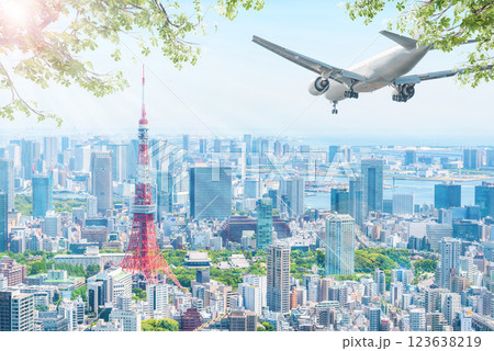 東京の都市風景と飛行機 123638219