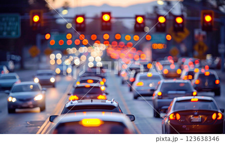 Roadworks with multiple signs, traffic cones, and car lights in soft focus. Generate AI 123638346