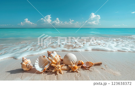 A peaceful beach scene with various seashells by the gentle ocean waves. Generate AI 123638372