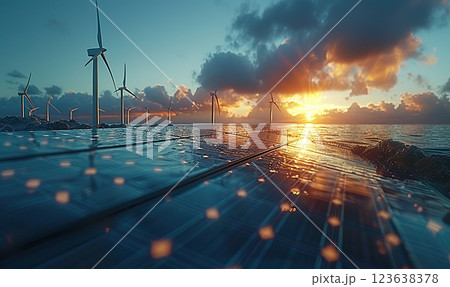 A scenic view of a wind and solar farm at sunset with vibrant colors. Generate AI A scenic view of a wind and solar farm at sunset with vibrant colors. Generate AI 123638378