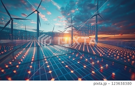 A scenic view of a wind and solar farm at sunset with vibrant colors. Generate AI 123638380