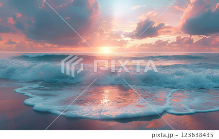 A peaceful beach scene with various seashells by the gentle ocean waves. Generate AI A peaceful beach scene with various seashells by the gentle ocean waves. Generate AI 123638435