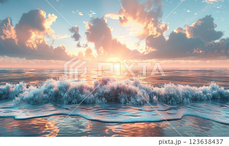 A peaceful beach scene with various seashells by the gentle ocean waves. Generate AI 123638437