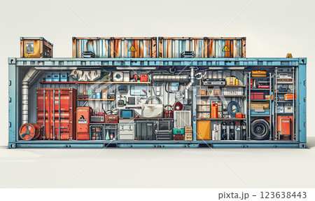 An illustrated open shipping container filled with boxes and goods. Generate AI 123638443
