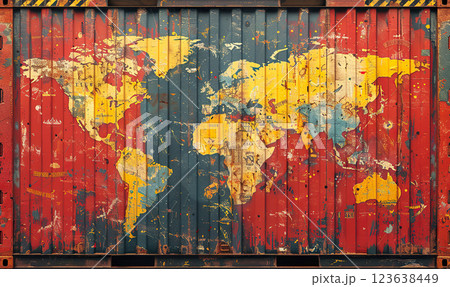 A worn cargo container with a colorful world map graffiti. Generate Ai 123638449