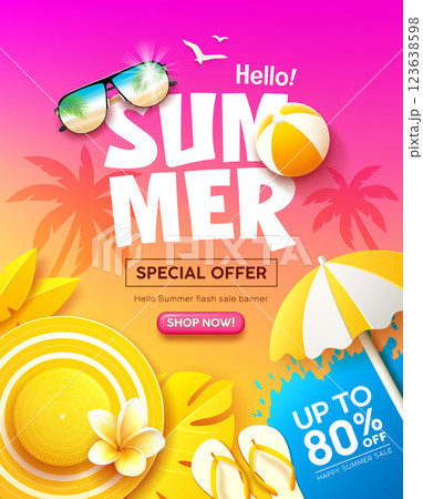 Summer sale, yellow tropical holiday concept, purple and yellow poster flyer design 123638598