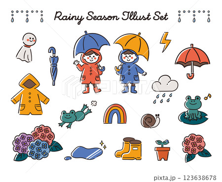 梅雨シーズンのベクター手書き線画イラストセット 123638678