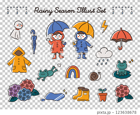 梅雨シーズンのベクター手書き線画イラストセット 123638678