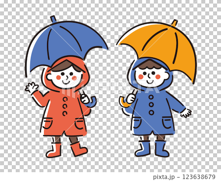穿著雨衣、打著傘的孩子/雨季/向量手繪線描插畫 123638679