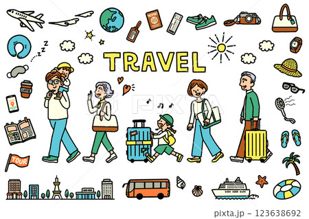 三世代の家族が楽しそうに旅行に行くイラストと旅行アイコンのセット 手書き 三世代の家族が楽しそうに旅行に行くイラストと旅行アイコンのセット 手書き 123638692