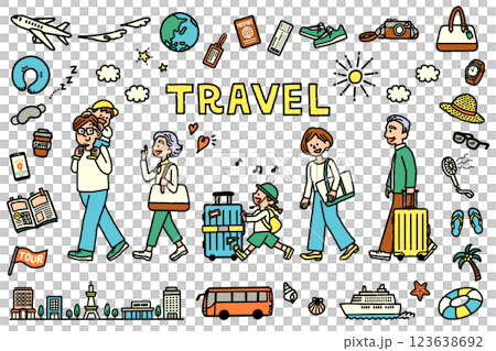 A set of illustrations and travel icons of a three-generation family having fun traveling, hand-drawn 123638692